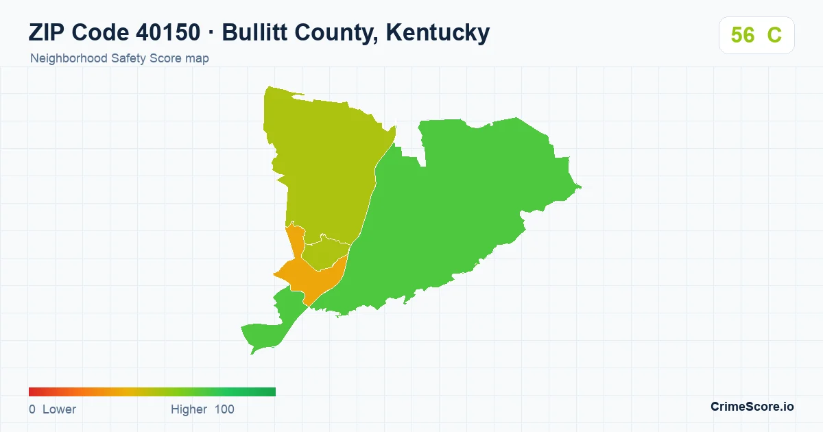 ZIP Code 40150 in Bullitt County, Kentucky neighborhood Safety Score map