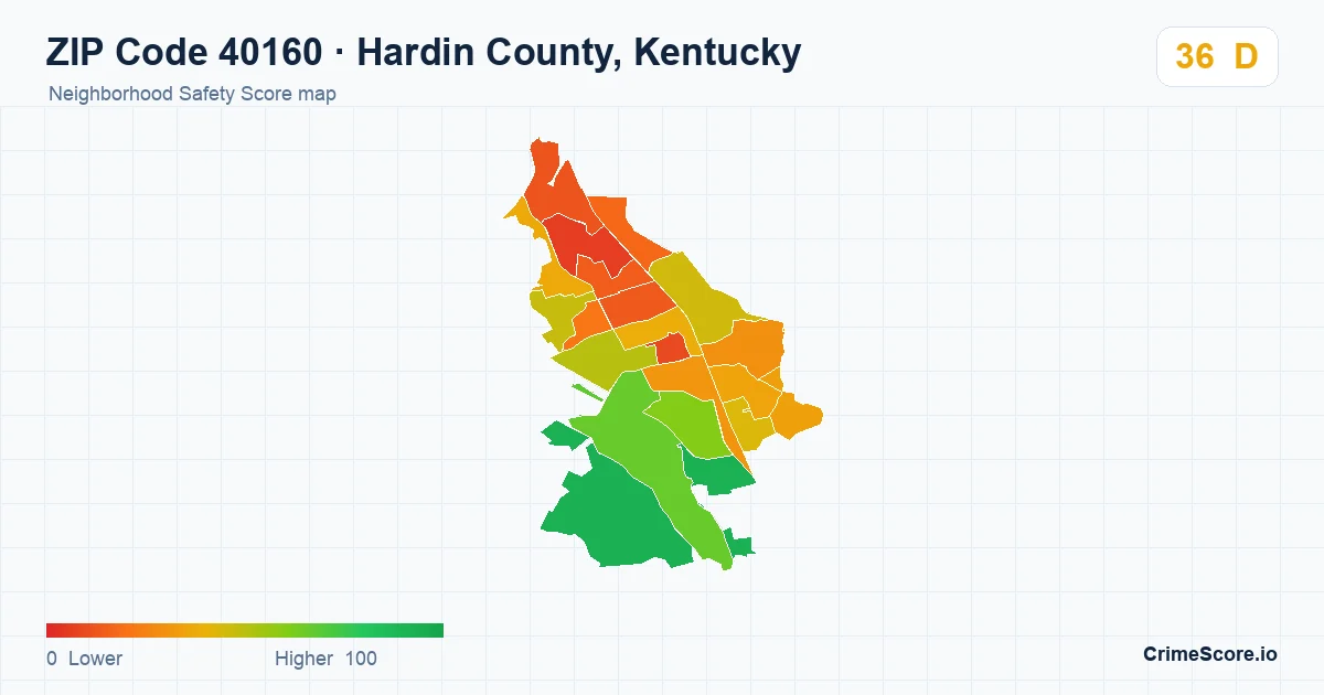 ZIP Code 40160 in Hardin County, Kentucky neighborhood Safety Score map