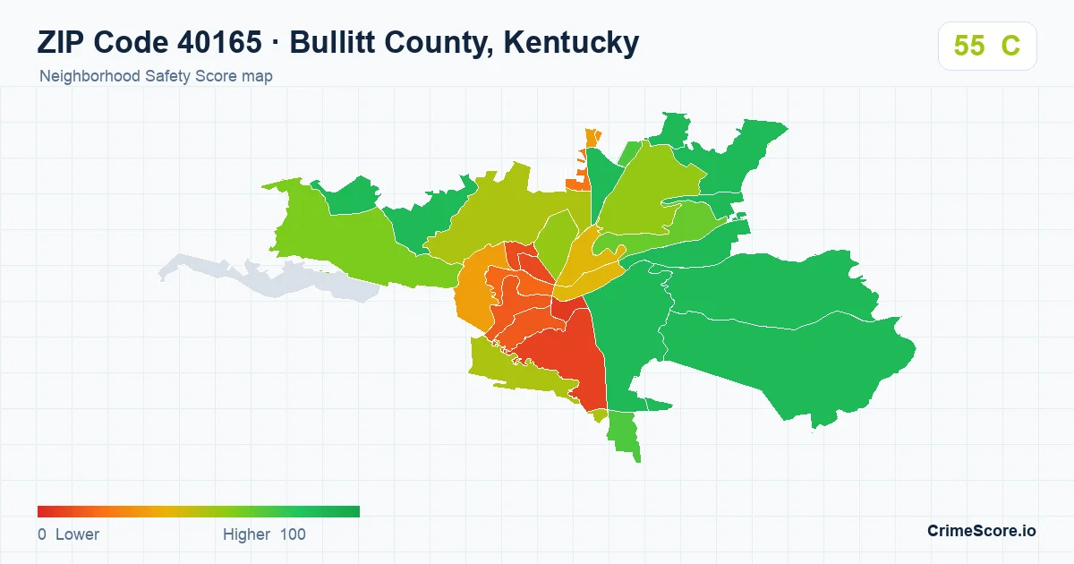 ZIP Code 40165 in Bullitt County, Kentucky neighborhood Safety Score map