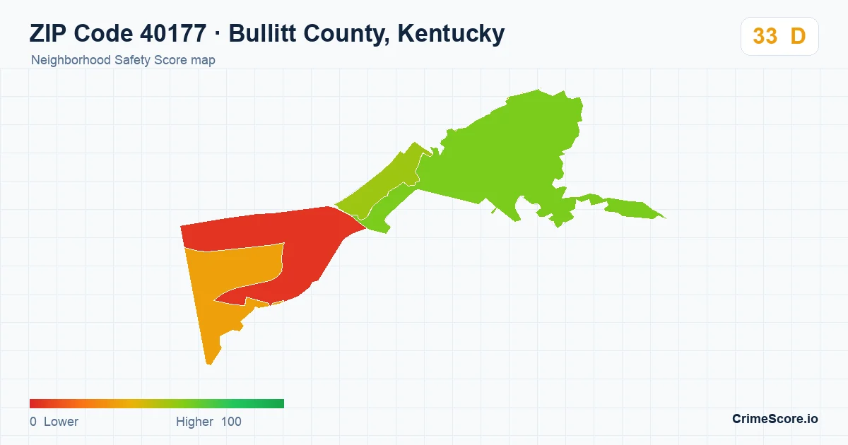 ZIP Code 40177 in Bullitt County, Kentucky neighborhood Safety Score map