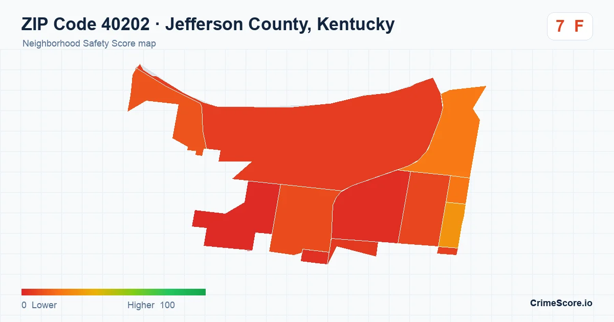 ZIP Code 40202 in Jefferson County, Kentucky neighborhood Safety Score map