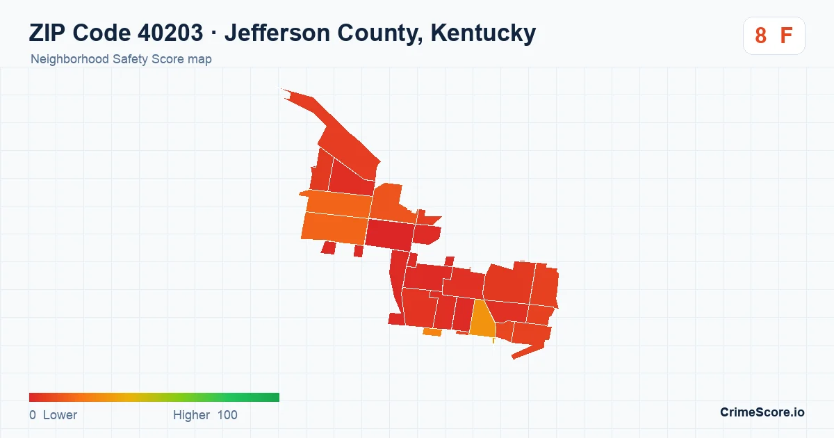 ZIP Code 40203 in Jefferson County, Kentucky neighborhood Safety Score map