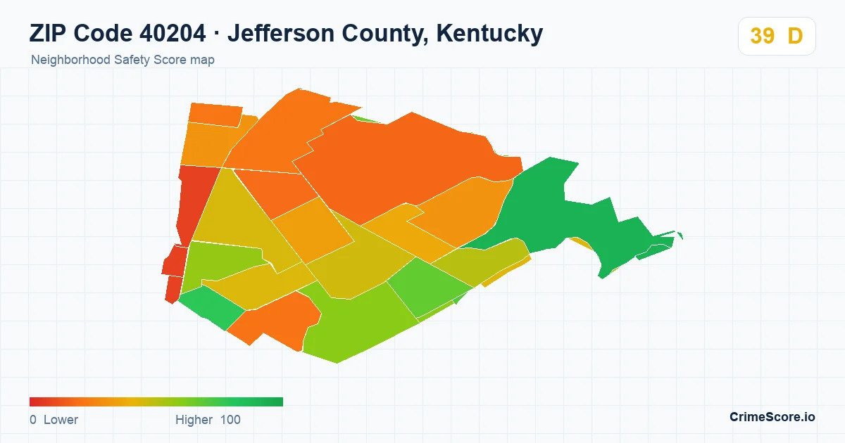 ZIP Code 40204 in Jefferson County, Kentucky neighborhood Safety Score map