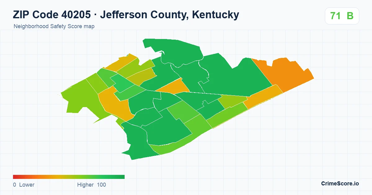 ZIP Code 40205 in Jefferson County, Kentucky neighborhood Safety Score map
