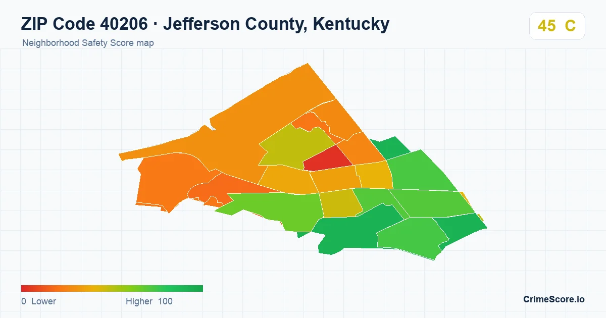ZIP Code 40206 in Jefferson County, Kentucky neighborhood Safety Score map