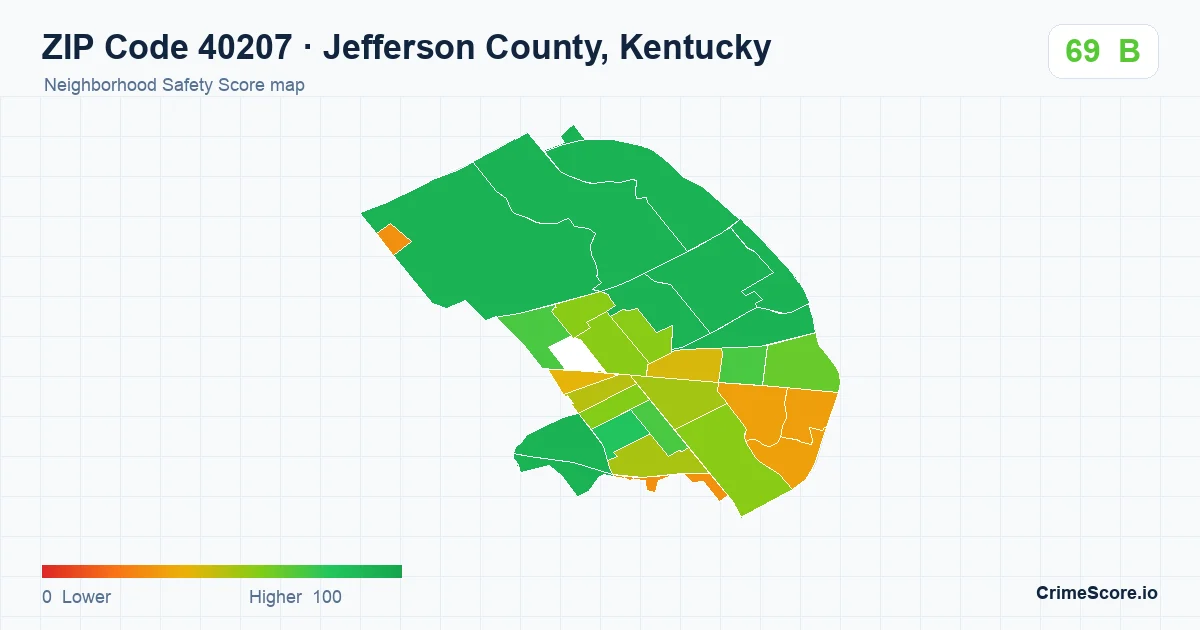 ZIP Code 40207 in Jefferson County, Kentucky neighborhood Safety Score map