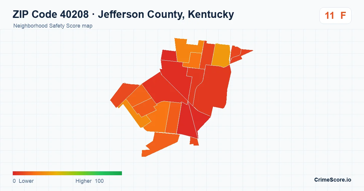 ZIP Code 40208 in Jefferson County, Kentucky neighborhood Safety Score map
