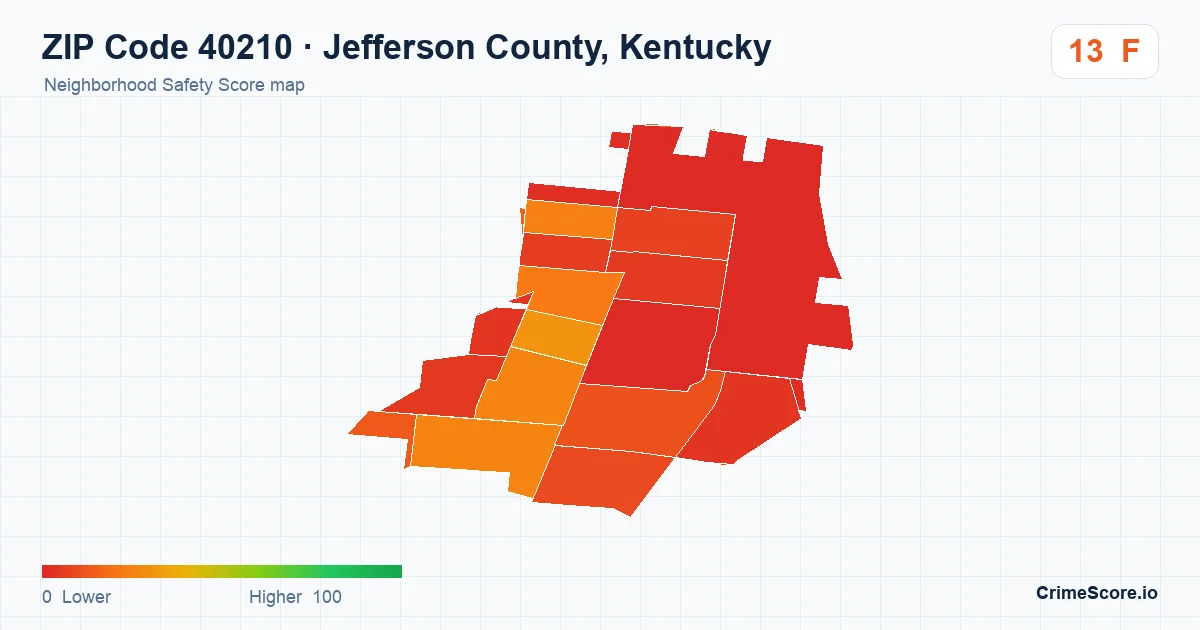 ZIP Code 40210 in Jefferson County, Kentucky neighborhood Safety Score map