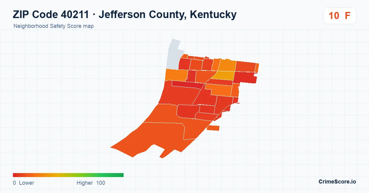 ZIP Code 40211 in Jefferson County, Kentucky neighborhood Safety Score map