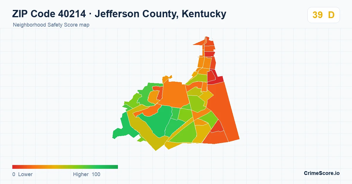 ZIP Code 40214 in Jefferson County, Kentucky neighborhood Safety Score map