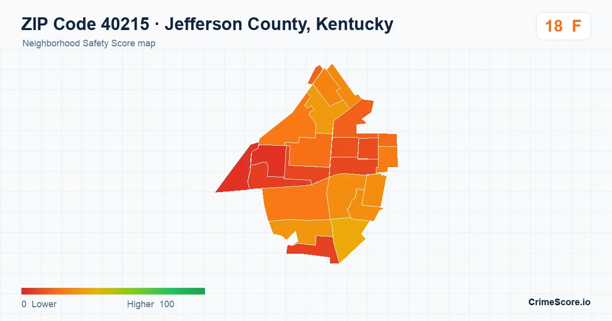 ZIP Code 40215 in Jefferson County, Kentucky neighborhood Safety Score map