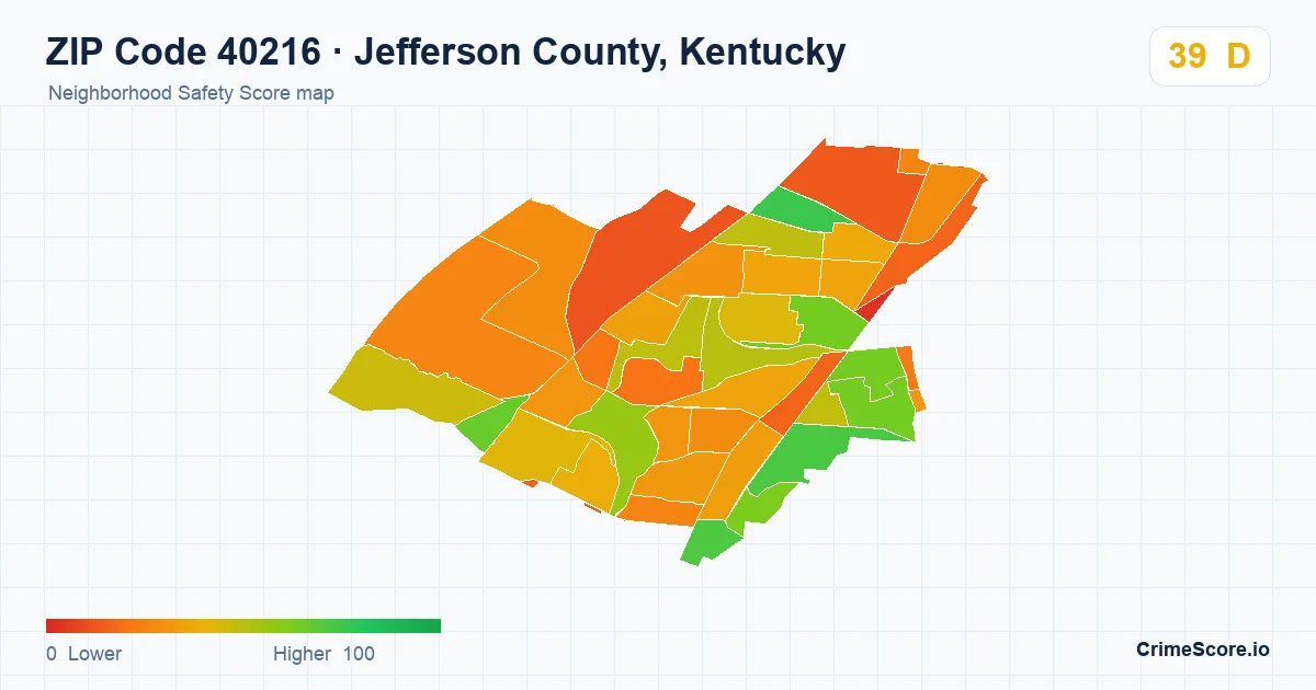 ZIP Code 40216 in Jefferson County, Kentucky neighborhood Safety Score map