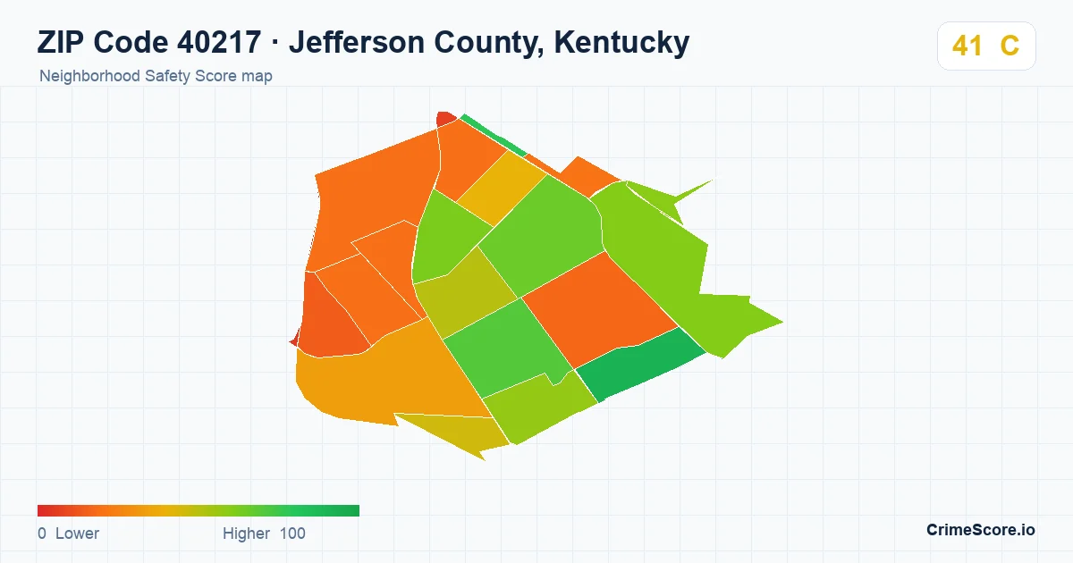ZIP Code 40217 in Jefferson County, Kentucky neighborhood Safety Score map
