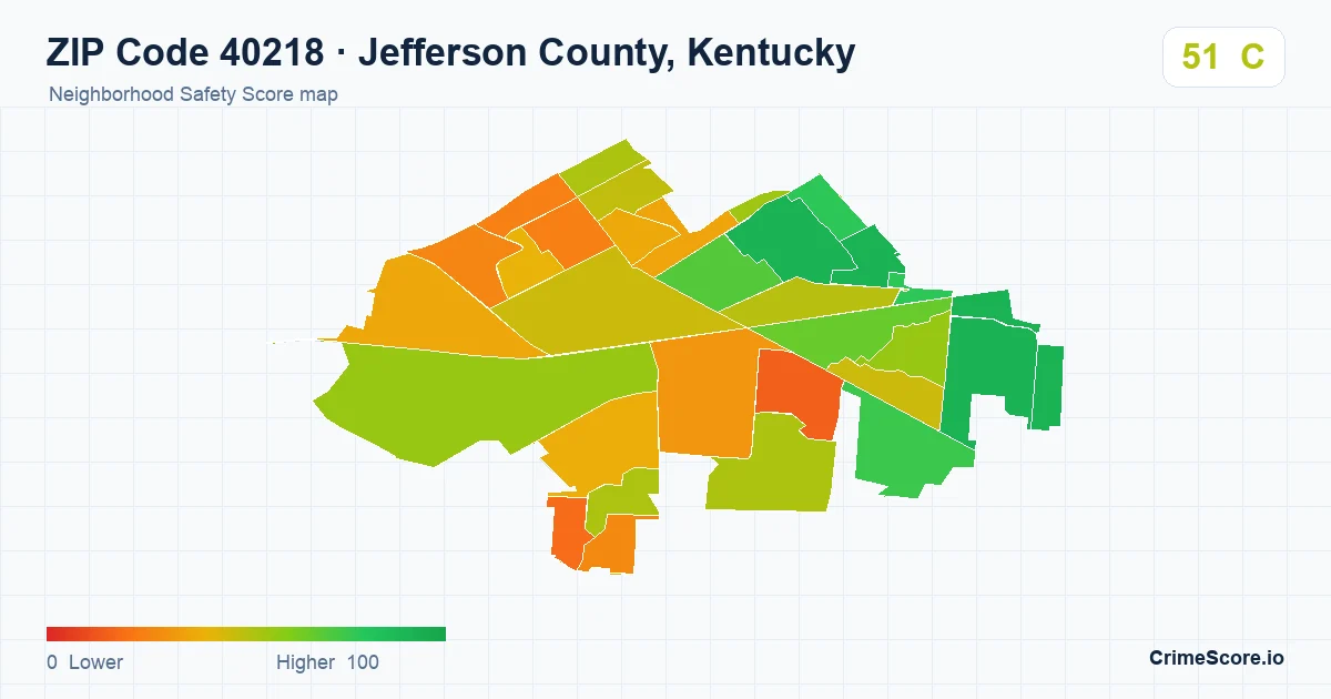 ZIP Code 40218 in Jefferson County, Kentucky neighborhood Safety Score map