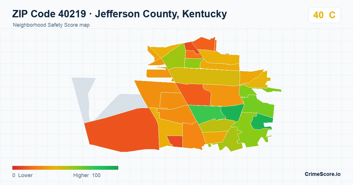 ZIP Code 40219 in Jefferson County, Kentucky neighborhood Safety Score map