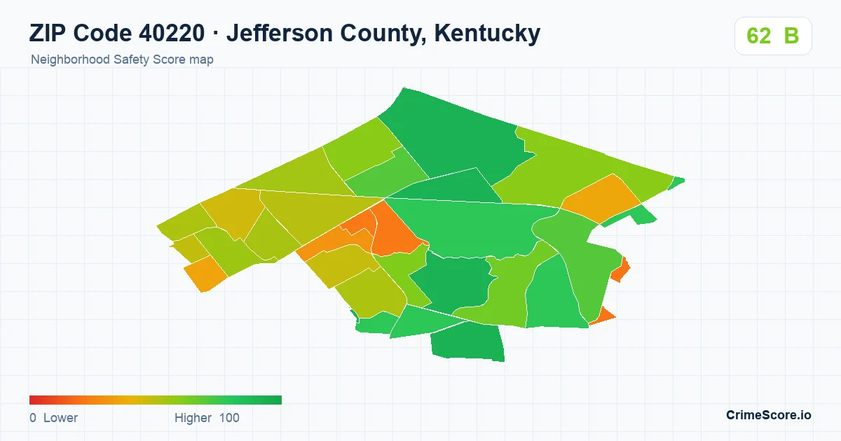 ZIP Code 40220 in Jefferson County, Kentucky neighborhood Safety Score map