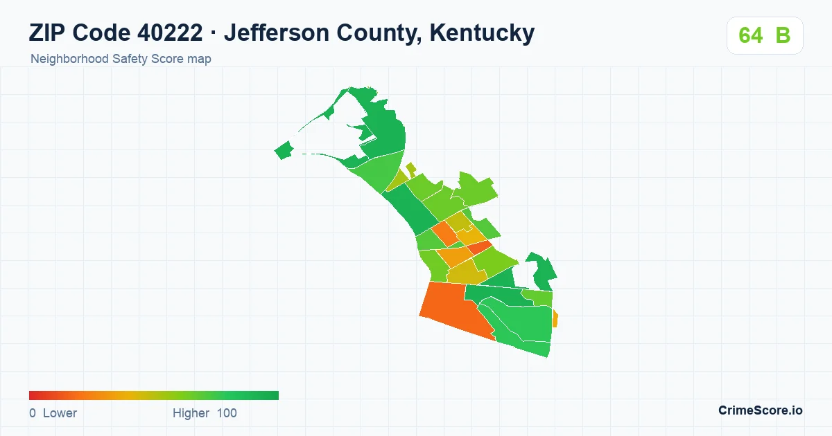 ZIP Code 40222 in Jefferson County, Kentucky neighborhood Safety Score map
