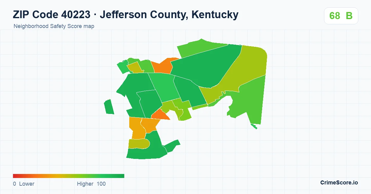 ZIP Code 40223 in Jefferson County, Kentucky neighborhood Safety Score map