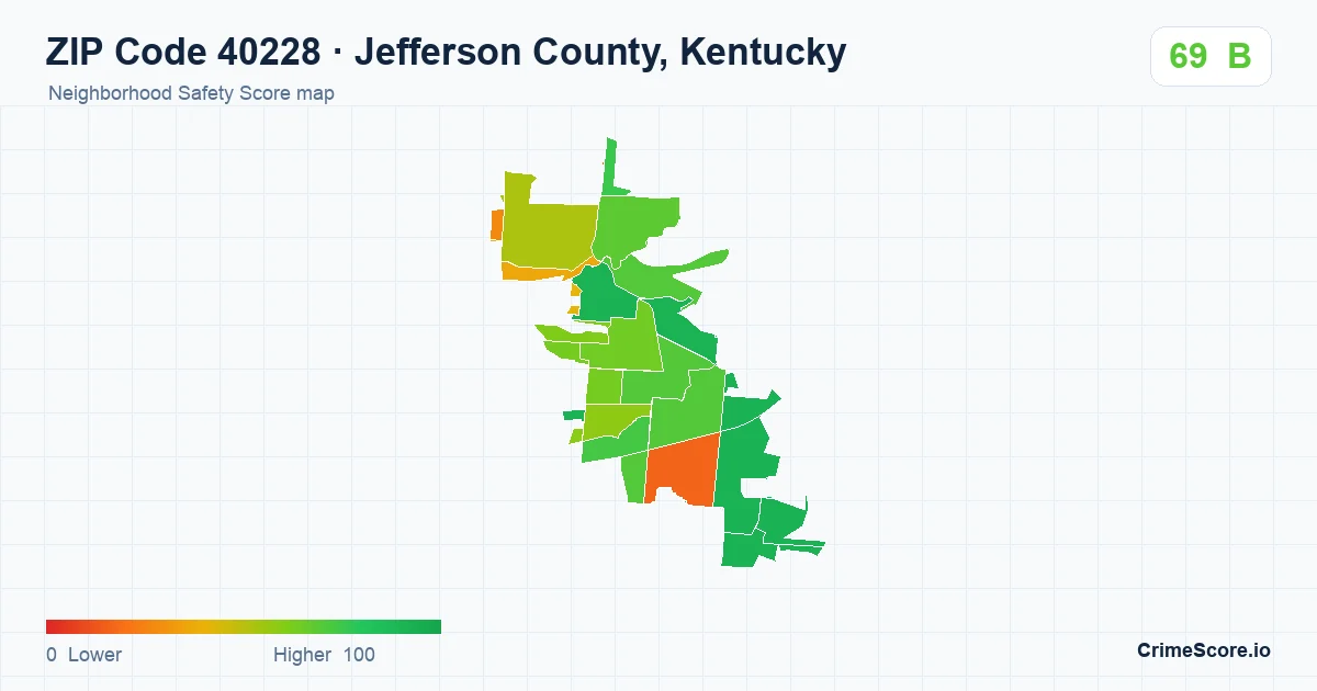 ZIP Code 40228 in Jefferson County, Kentucky neighborhood Safety Score map