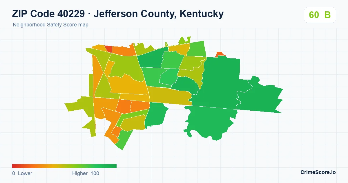 ZIP Code 40229 in Jefferson County, Kentucky neighborhood Safety Score map