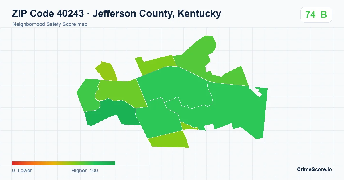 ZIP Code 40243 in Jefferson County, Kentucky neighborhood Safety Score map