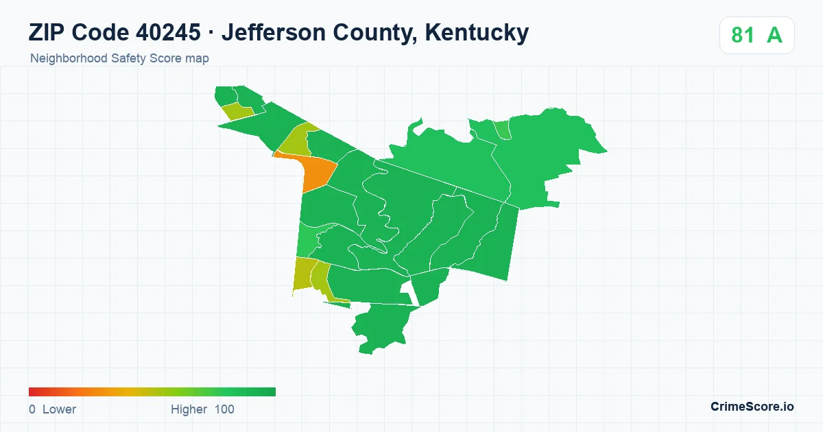 ZIP Code 40245 in Jefferson County, Kentucky neighborhood Safety Score map