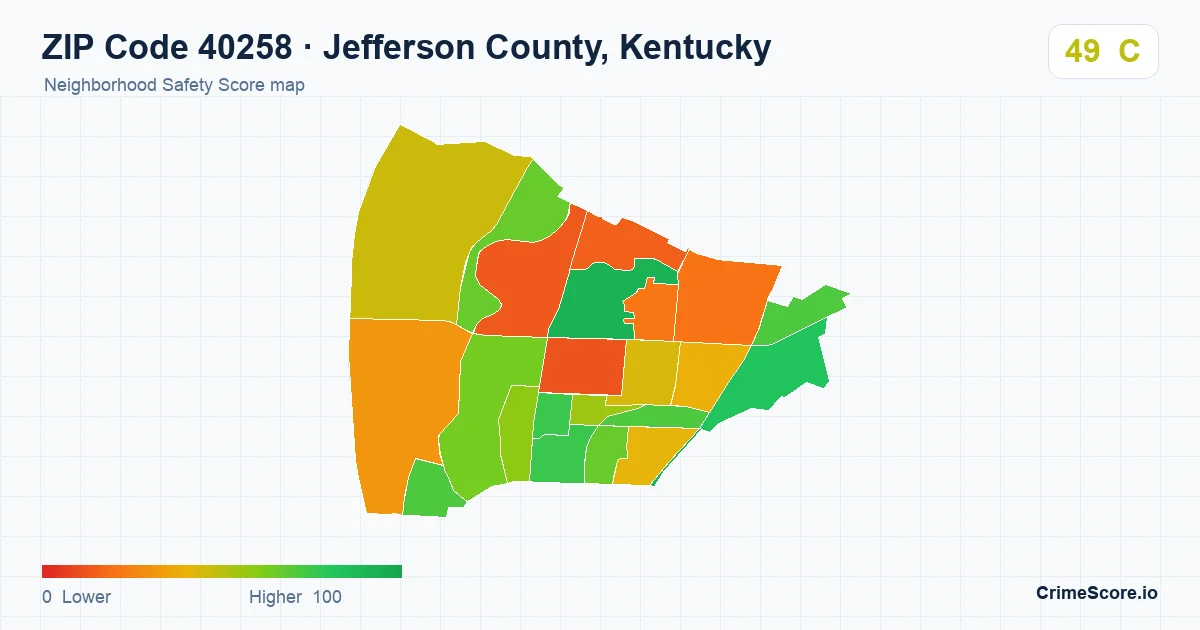 ZIP Code 40258 in Jefferson County, Kentucky neighborhood Safety Score map