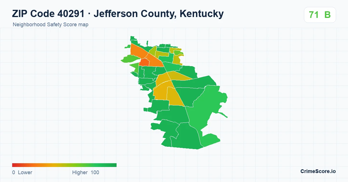 ZIP Code 40291 in Jefferson County, Kentucky neighborhood Safety Score map