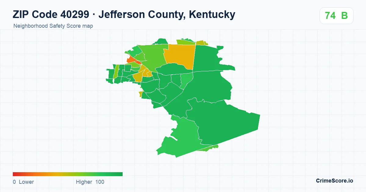 ZIP Code 40299 in Jefferson County, Kentucky neighborhood Safety Score map