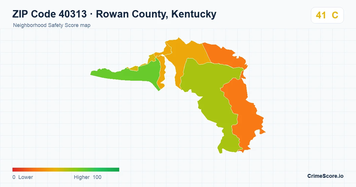 ZIP Code 40313 in Rowan County, Kentucky neighborhood Safety Score map