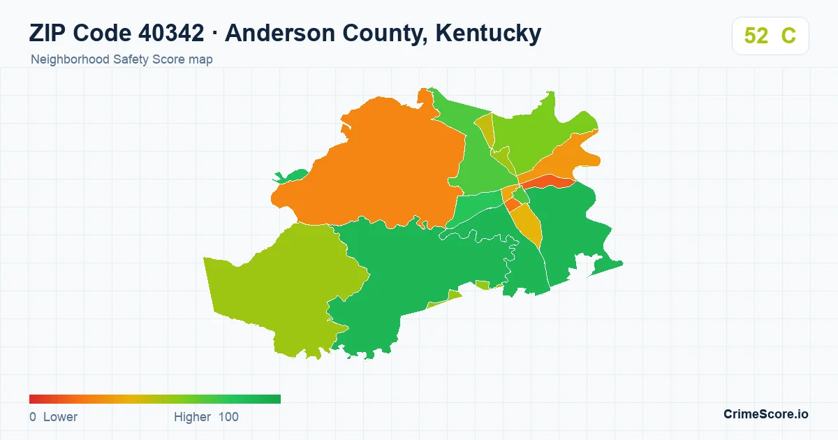 ZIP Code 40342 in Anderson County, Kentucky neighborhood Safety Score map