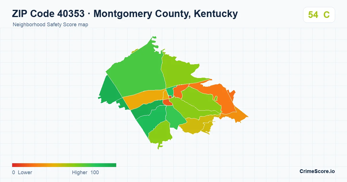 ZIP Code 40353 in Montgomery County, Kentucky neighborhood Safety Score map