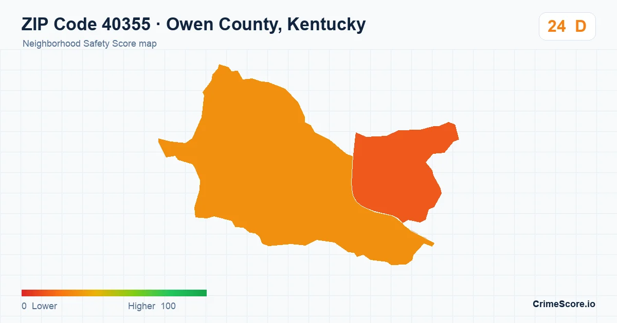 ZIP Code 40355 in Owen County, Kentucky neighborhood Safety Score map