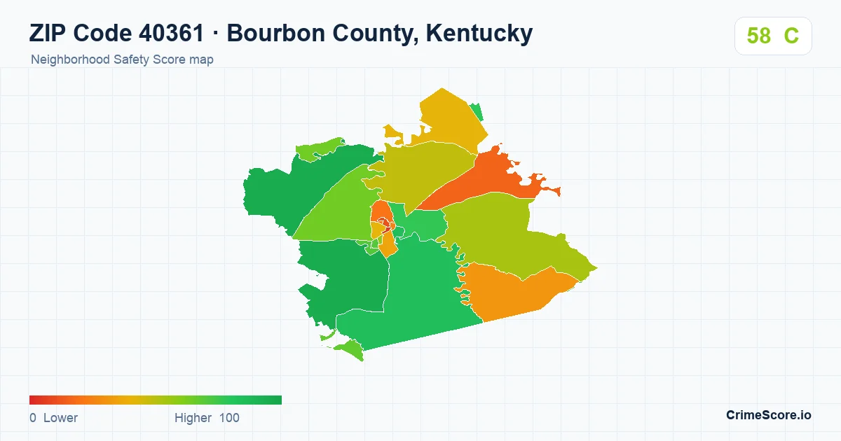 ZIP Code 40361 in Bourbon County, Kentucky neighborhood Safety Score map