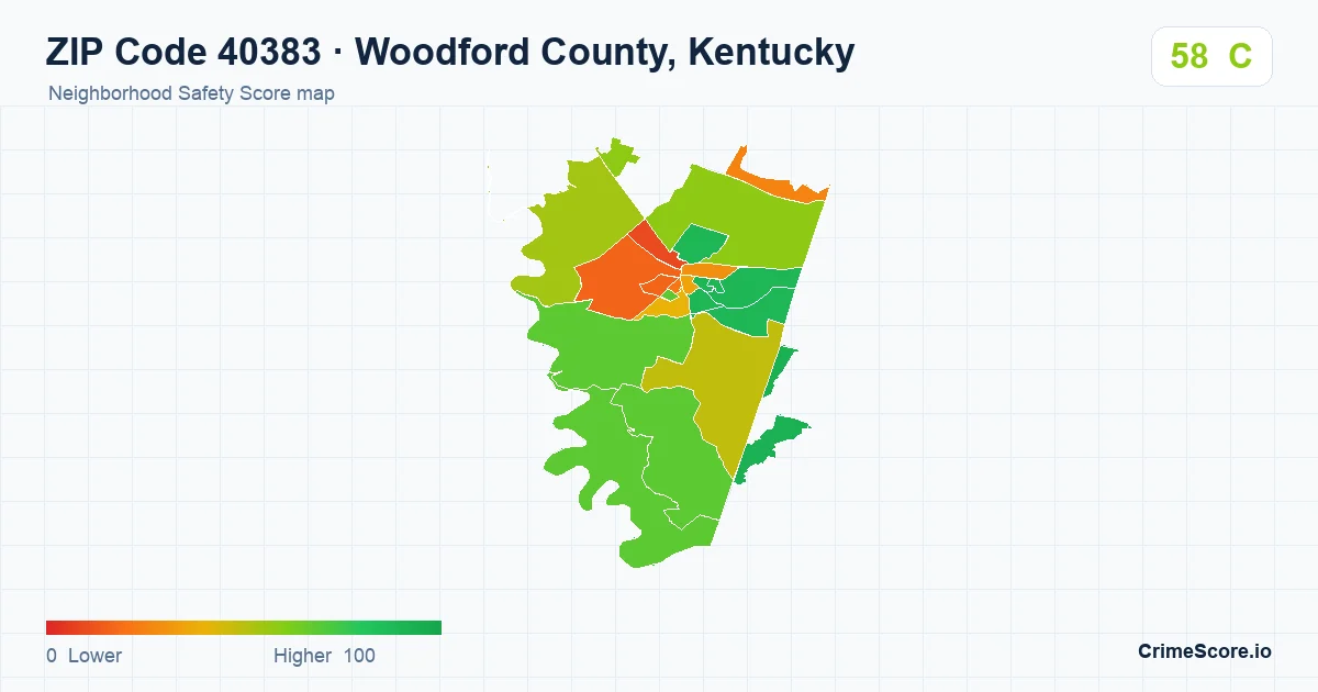 ZIP Code 40383 in Woodford County, Kentucky neighborhood Safety Score map