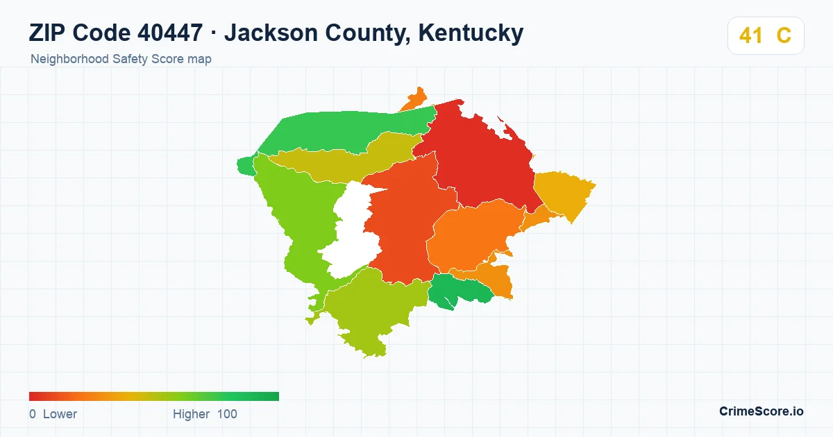 ZIP Code 40447 in Jackson County, Kentucky neighborhood Safety Score map