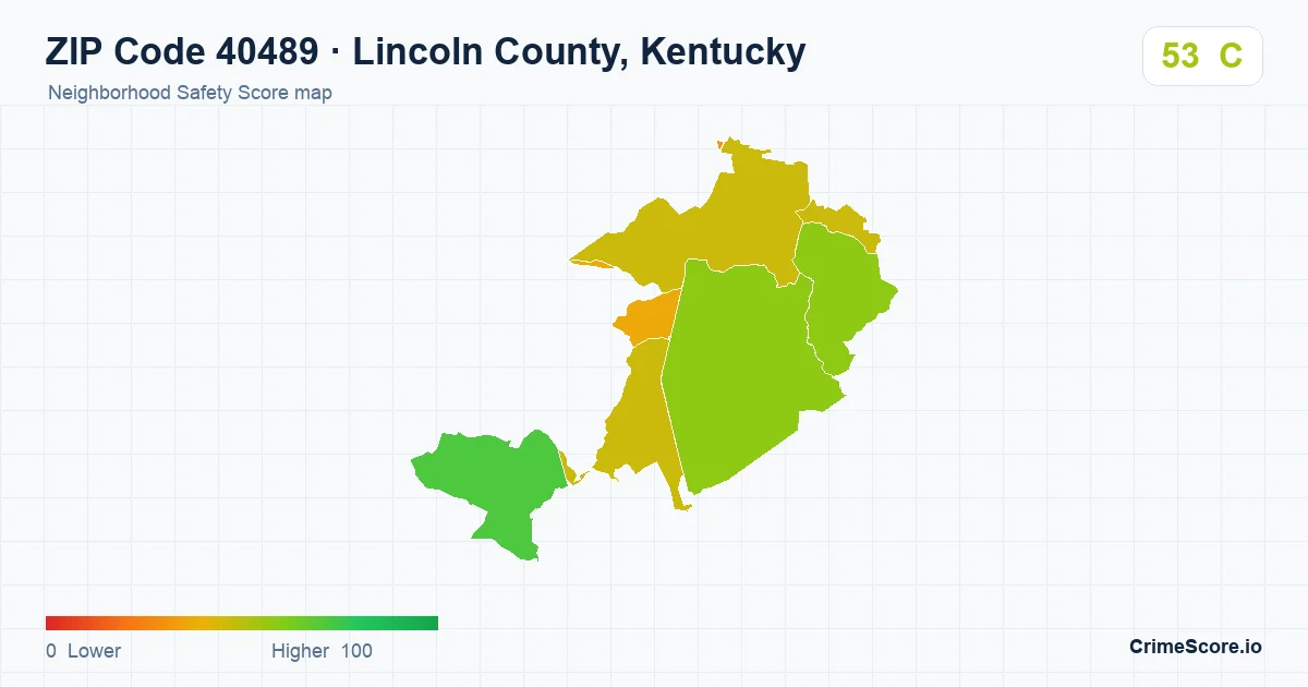 ZIP Code 40489 in Lincoln County, Kentucky neighborhood Safety Score map