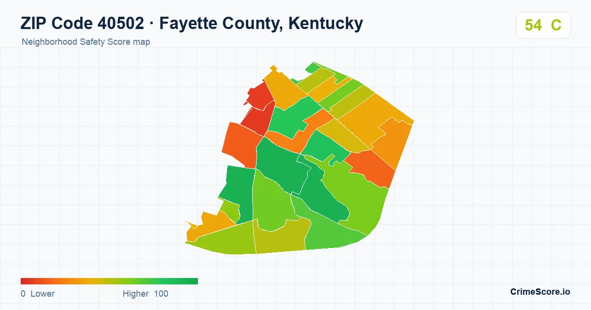 ZIP Code 40502 in Fayette County, Kentucky neighborhood Safety Score map