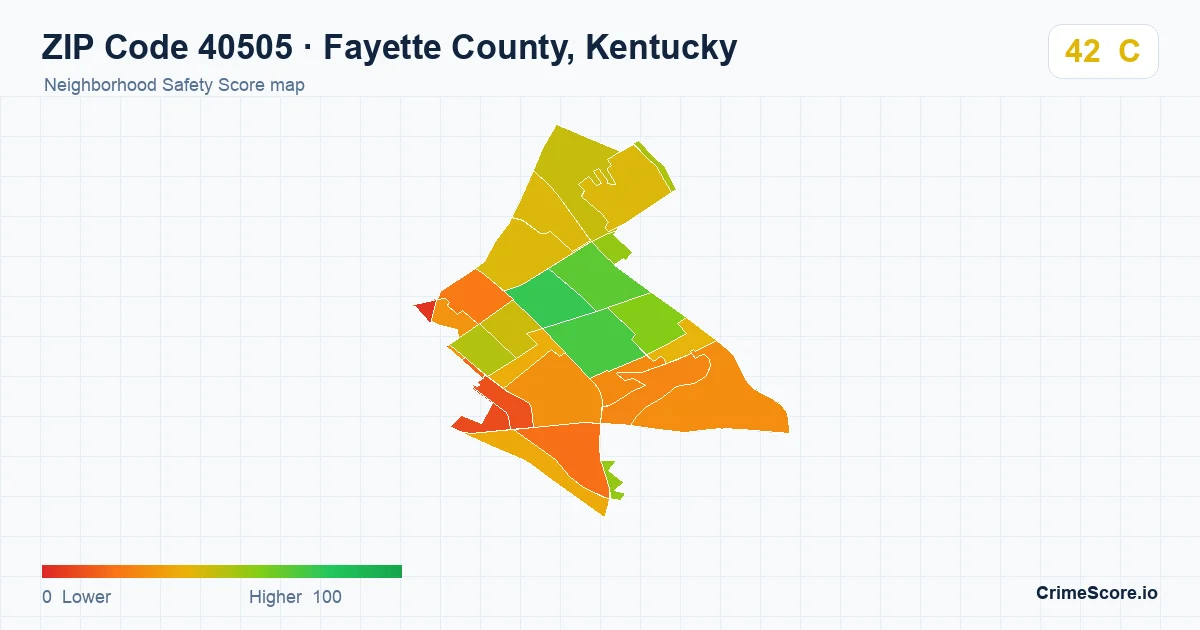 ZIP Code 40505 in Fayette County, Kentucky neighborhood Safety Score map