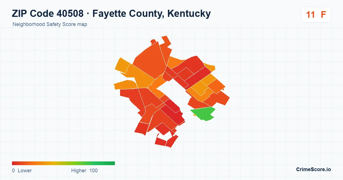 ZIP Code 40508 in Fayette County, Kentucky neighborhood Safety Score map