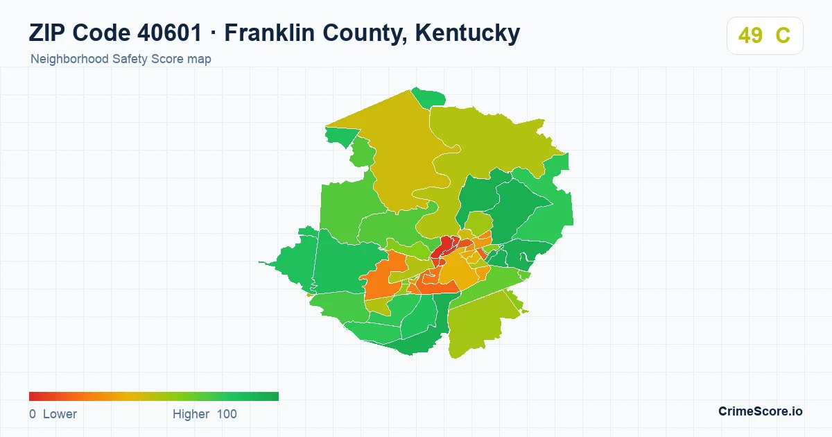 ZIP Code 40601 in Franklin County, Kentucky neighborhood Safety Score map