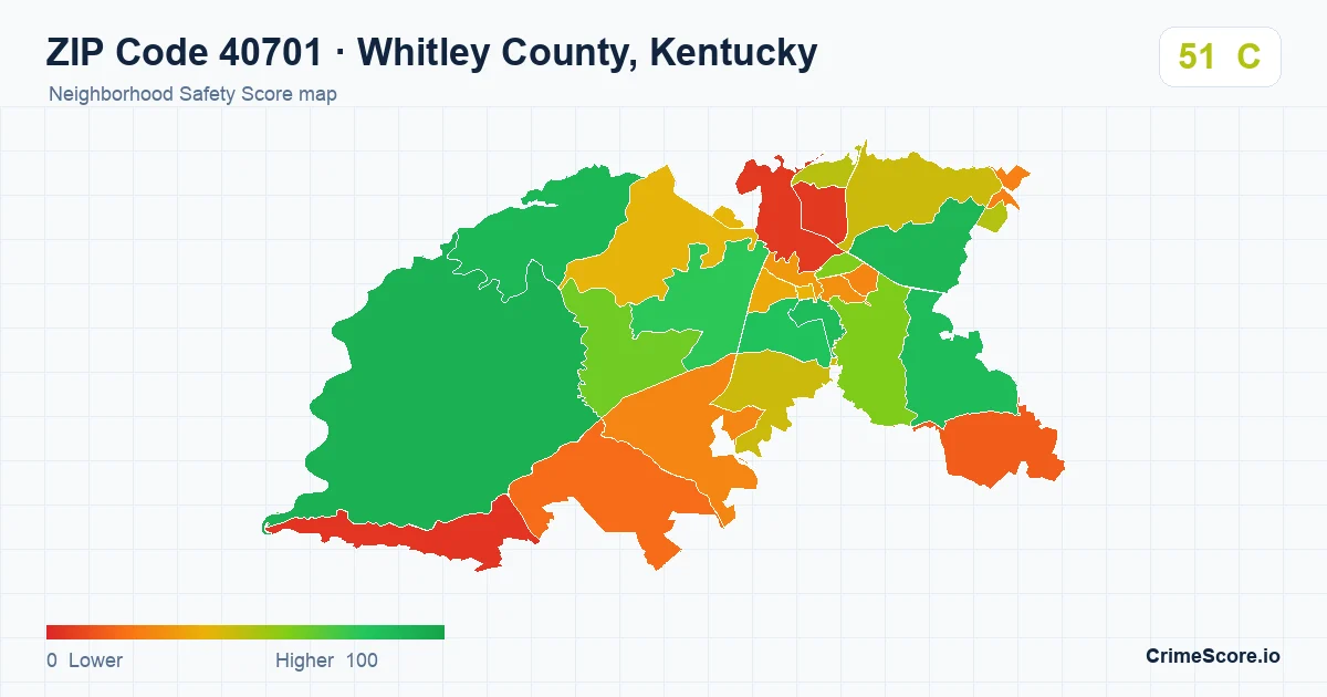 ZIP Code 40701 in Whitley County, Kentucky neighborhood Safety Score map