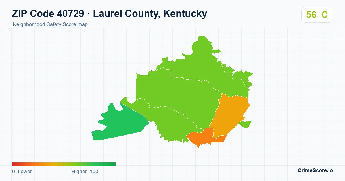 ZIP Code 40729 in Laurel County, Kentucky neighborhood Safety Score map