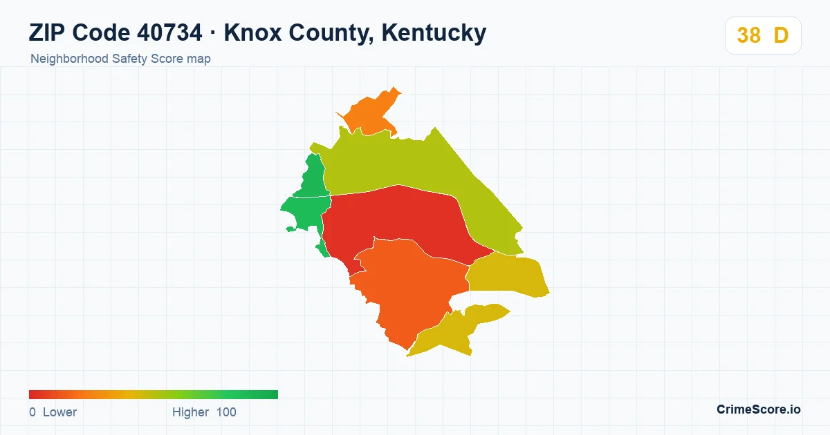 ZIP Code 40734 in Knox County, Kentucky neighborhood Safety Score map