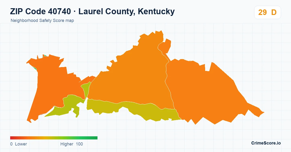 ZIP Code 40740 in Laurel County, Kentucky neighborhood Safety Score map