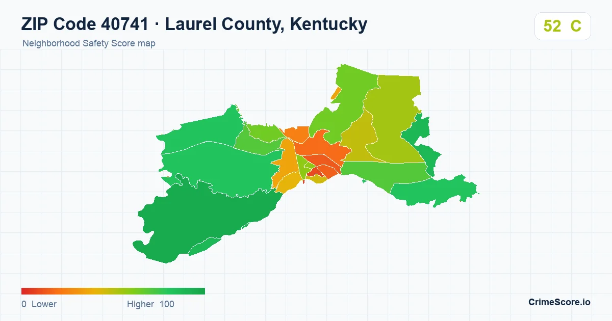 ZIP Code 40741 in Laurel County, Kentucky neighborhood Safety Score map