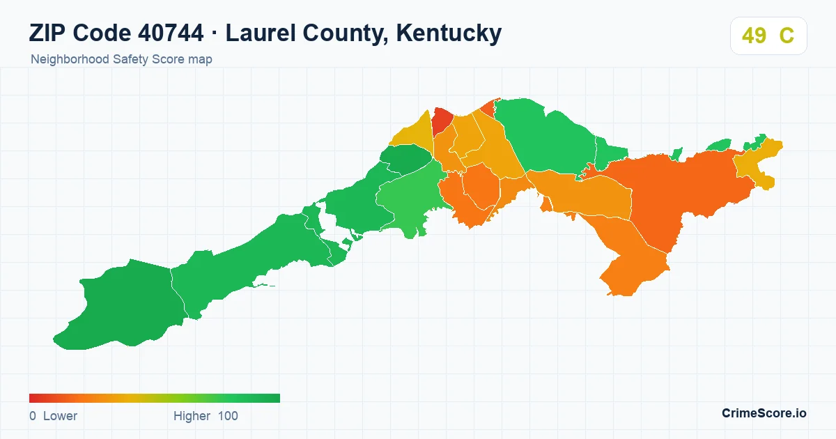 ZIP Code 40744 in Laurel County, Kentucky neighborhood Safety Score map