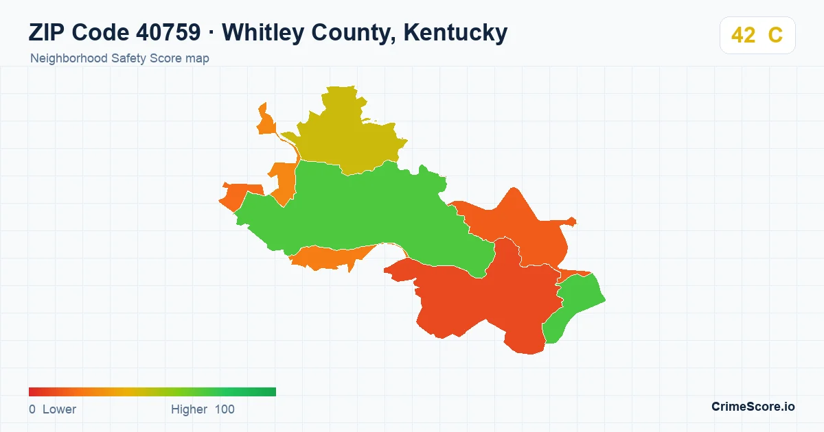 ZIP Code 40759 in Whitley County, Kentucky neighborhood Safety Score map