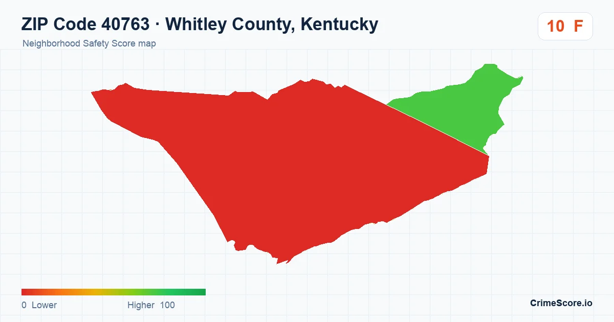 ZIP Code 40763 in Whitley County, Kentucky neighborhood Safety Score map