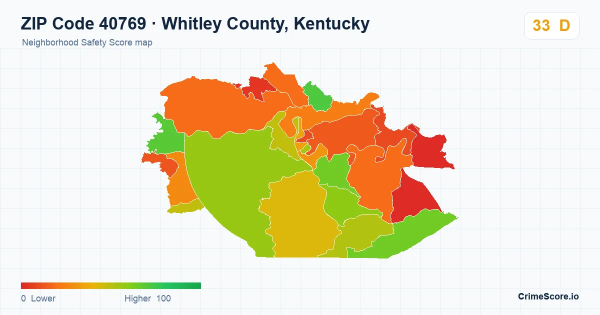 ZIP Code 40769 in Whitley County, Kentucky neighborhood Safety Score map